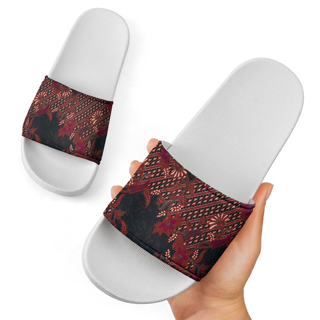 Indonesian Parang Batik Slide Sandals Red Floral Pattern