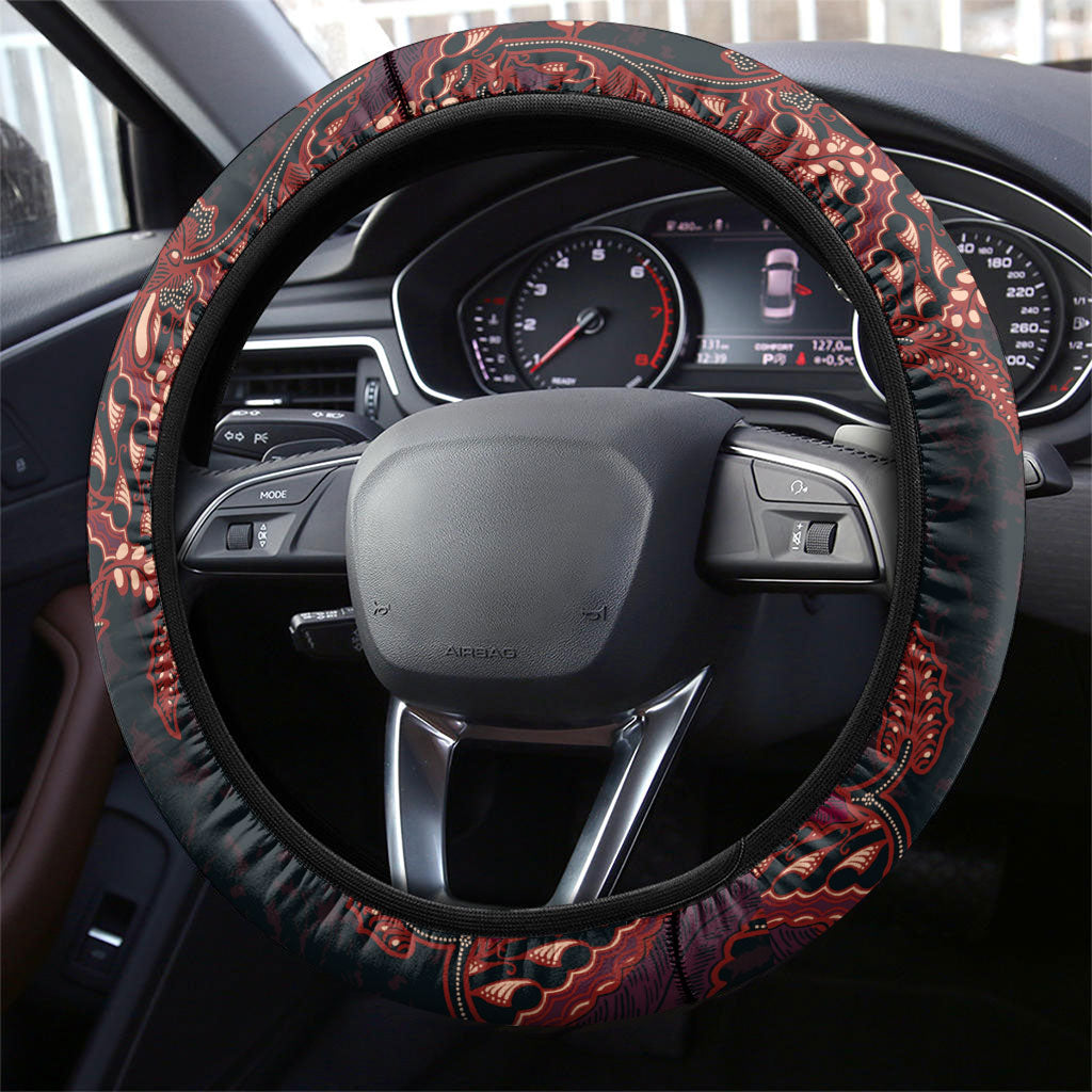 Indonesian Parang Batik Steering Wheel Cover Red Floral Pattern