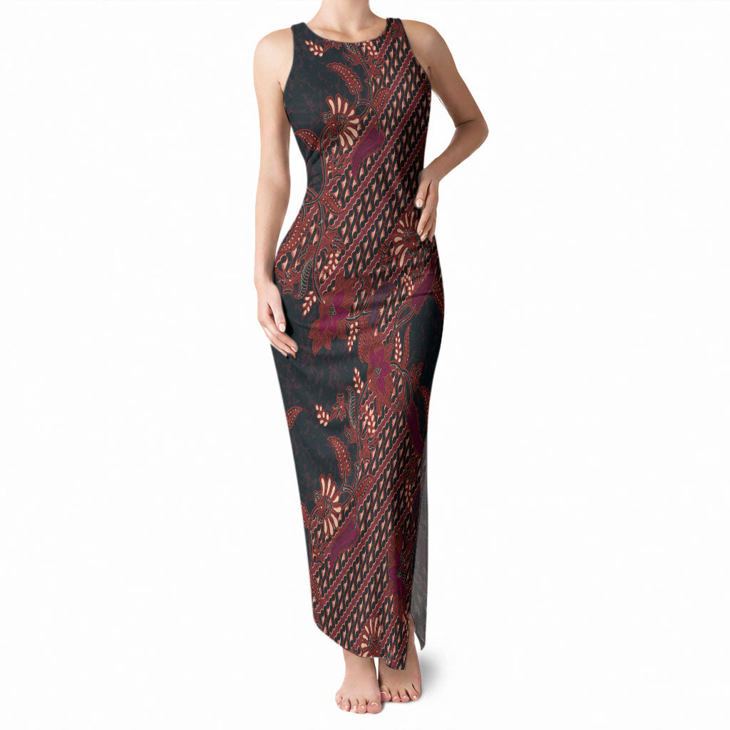 Indonesian Parang Batik Tank Maxi Dress Red Floral Pattern