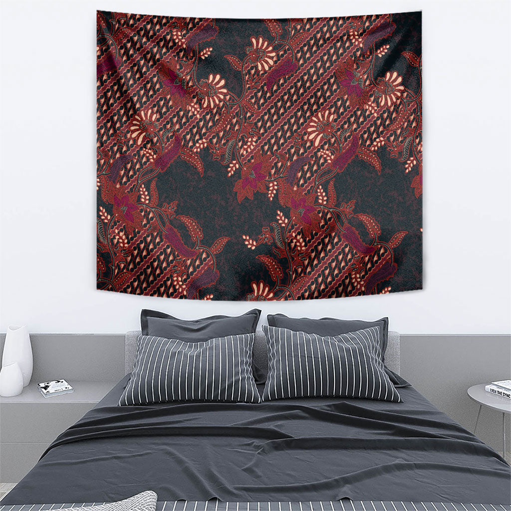 Indonesian Parang Batik Tapestry Red Floral Pattern