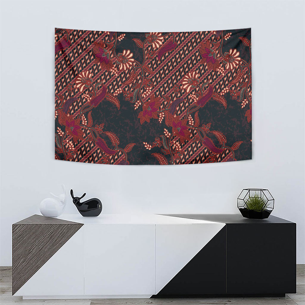 Indonesian Parang Batik Tapestry Red Floral Pattern
