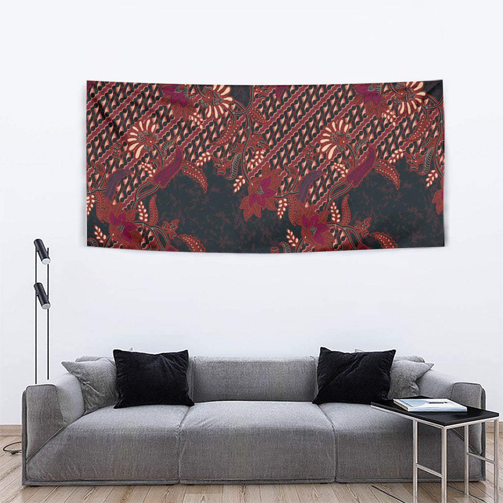 Indonesian Parang Batik Tapestry Red Floral Pattern
