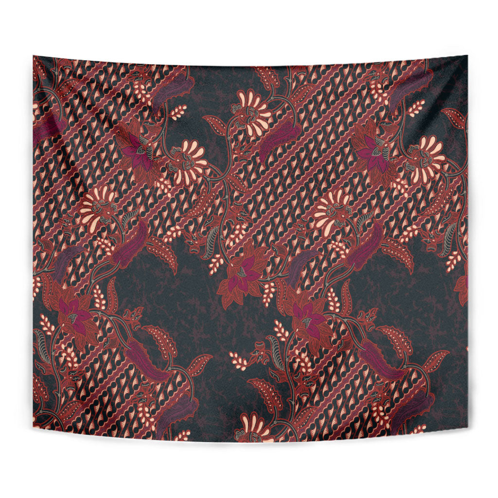 Indonesian Parang Batik Tapestry Red Floral Pattern