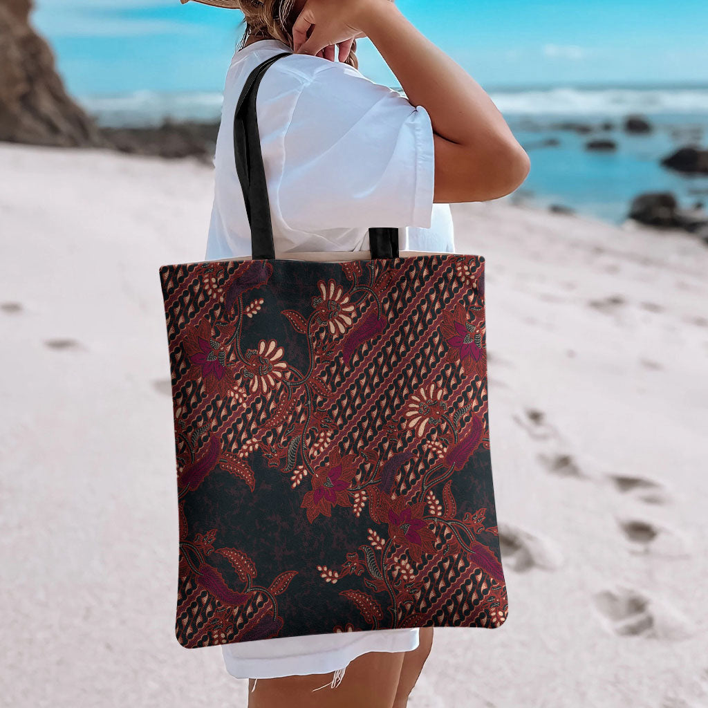 Indonesian Parang Batik Tote Bag Red Floral Pattern