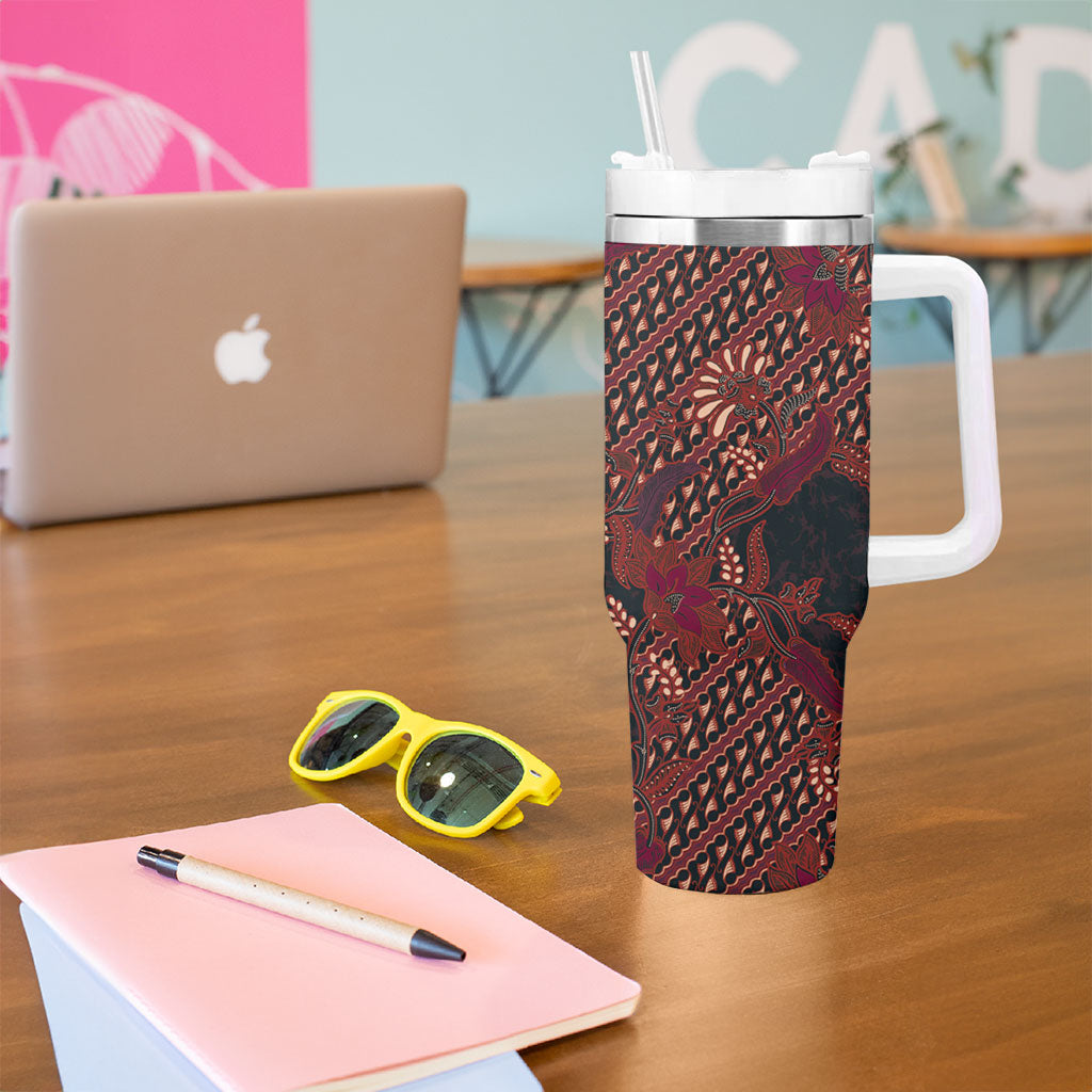 Indonesian Parang Batik Tumbler With Handle Red Floral Pattern