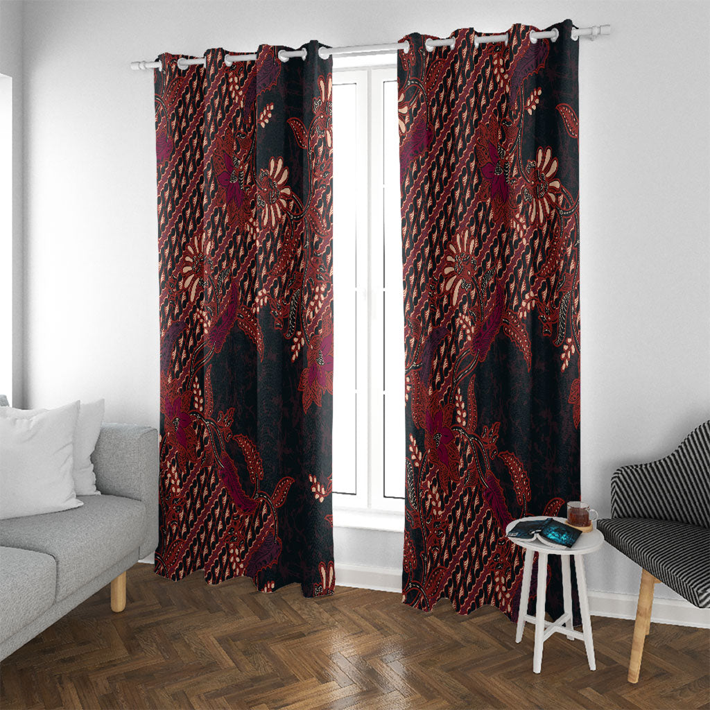Indonesian Parang Batik Window Curtain Red Floral Pattern