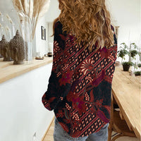 Indonesian Parang Batik Women Casual Shirt Red Floral Pattern