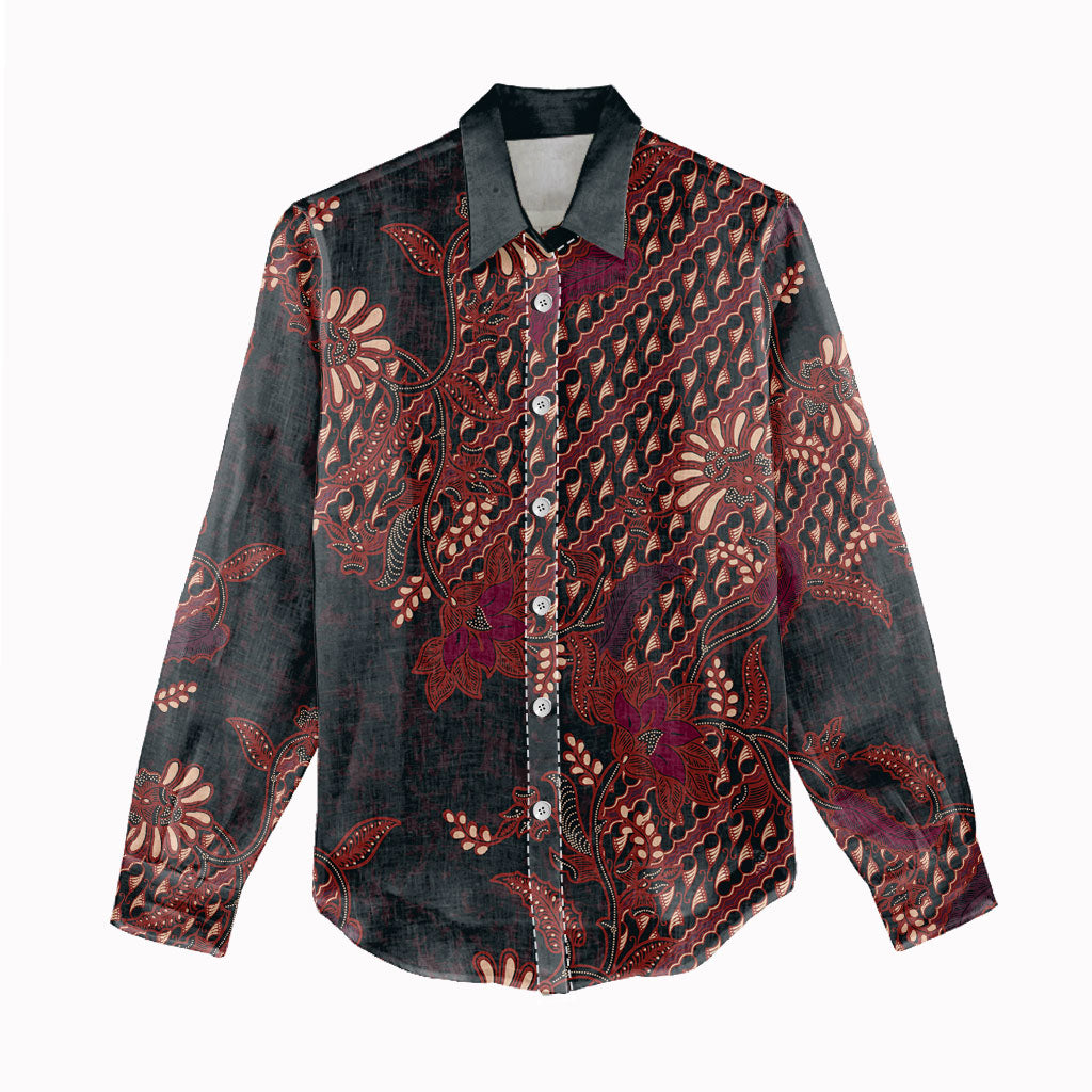 Indonesian Parang Batik Women Casual Shirt Red Floral Pattern