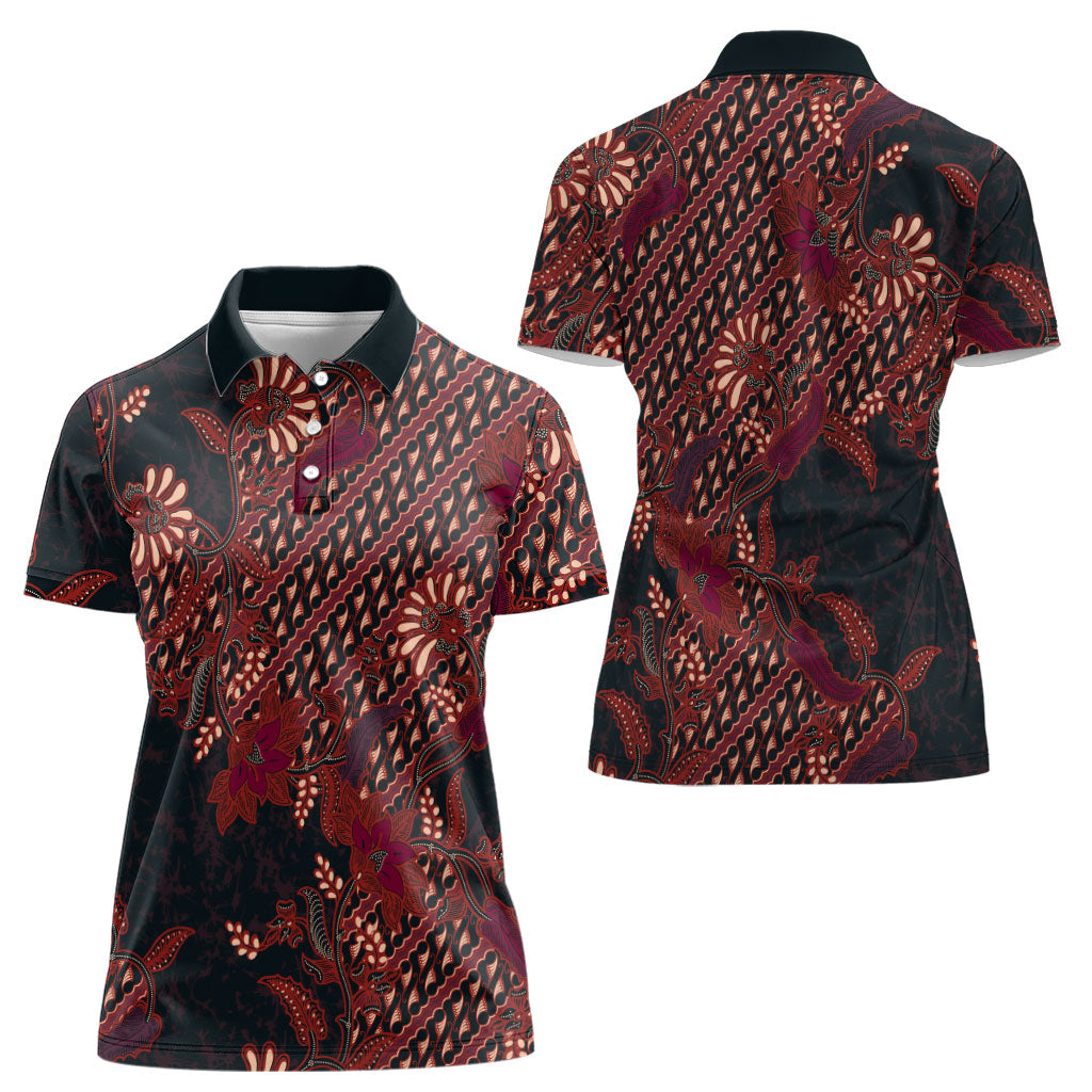Indonesian Parang Batik Women Polo Shirt Red Floral Pattern