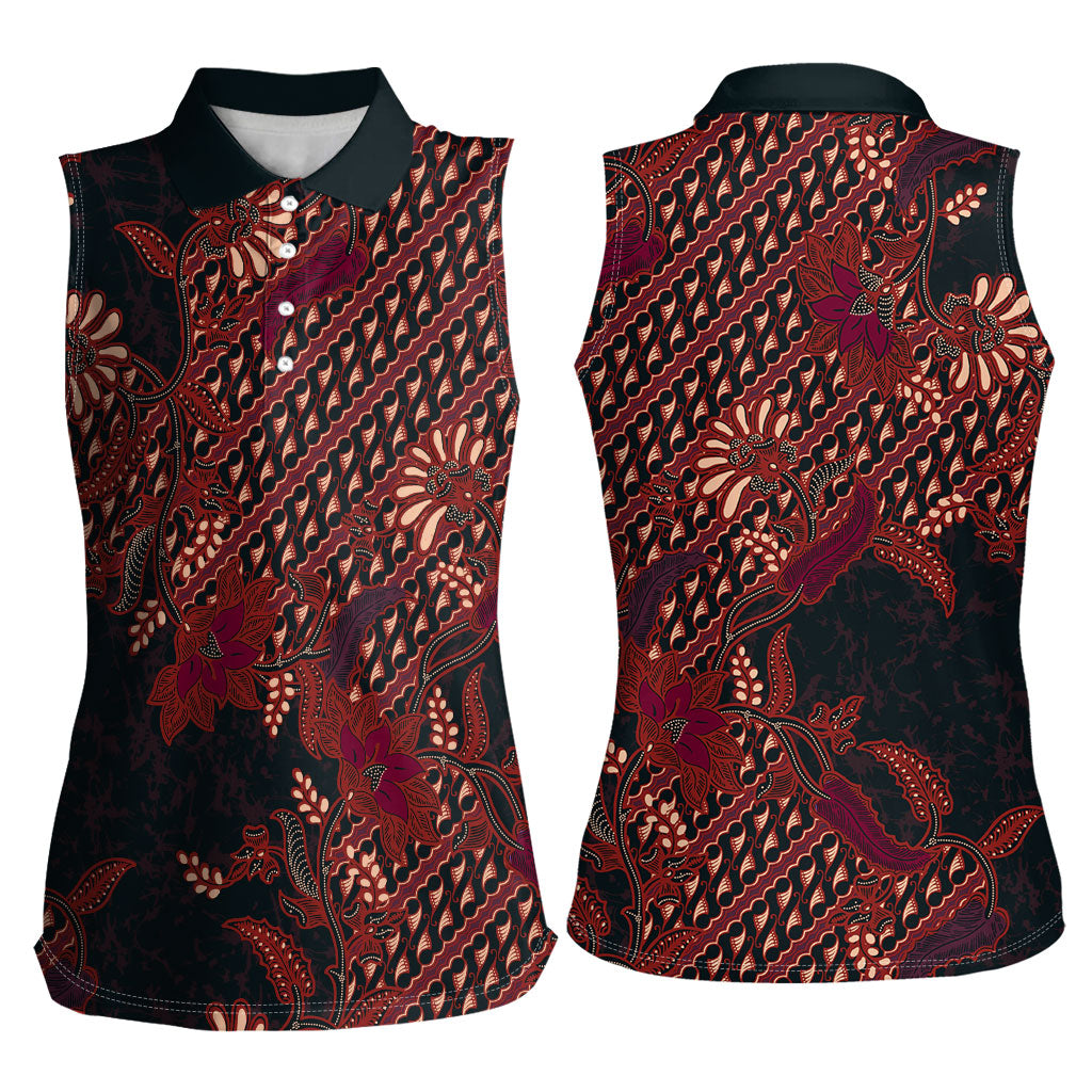 Indonesian Parang Batik Women Sleeveless Polo Shirt Red Floral Pattern