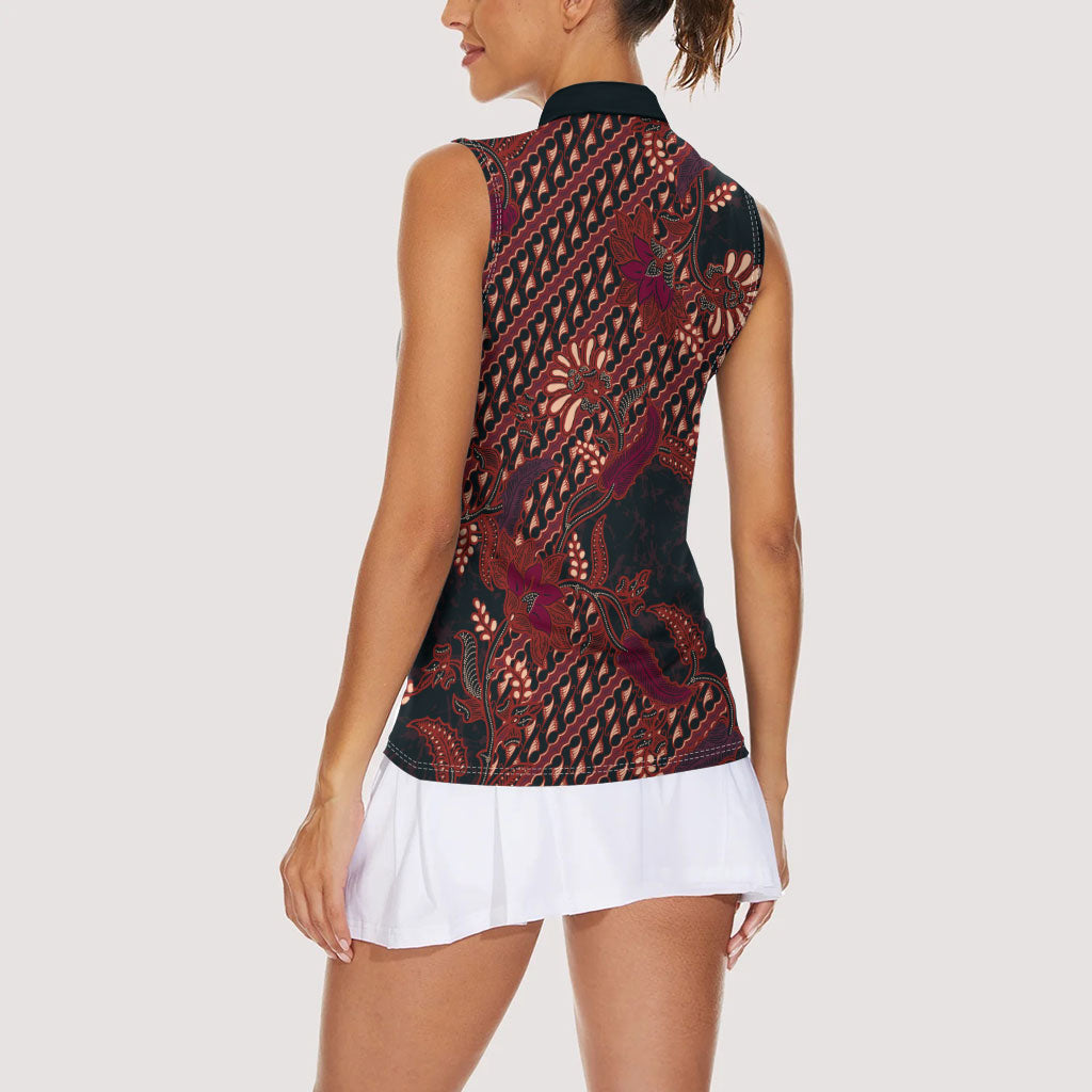 Indonesian Parang Batik Women Sleeveless Polo Shirt Red Floral Pattern