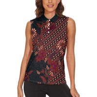 Indonesian Parang Batik Women Sleeveless Polo Shirt Red Floral Pattern