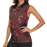Indonesian Parang Batik Women Sleeveless Polo Shirt Red Floral Pattern