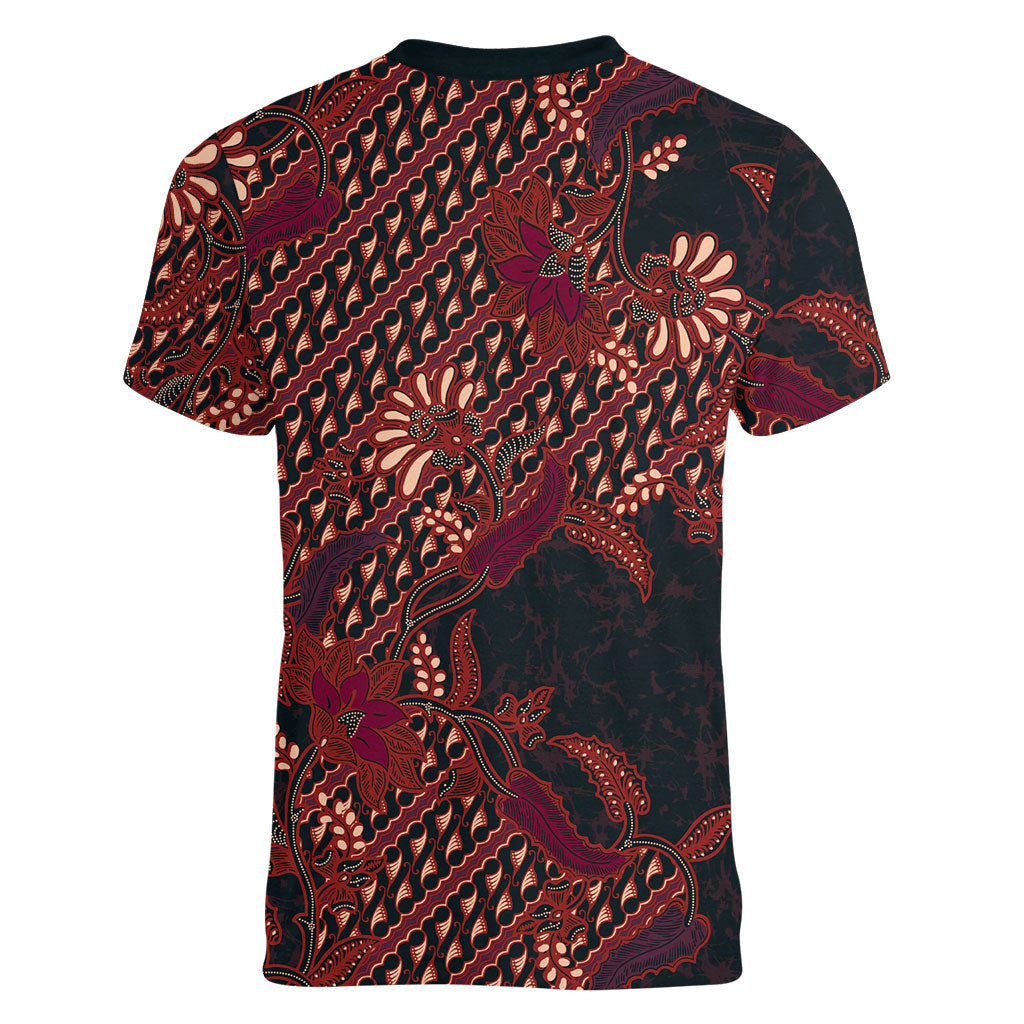 Indonesian Parang Batik Women V-Neck T-Shirt Red Floral Pattern