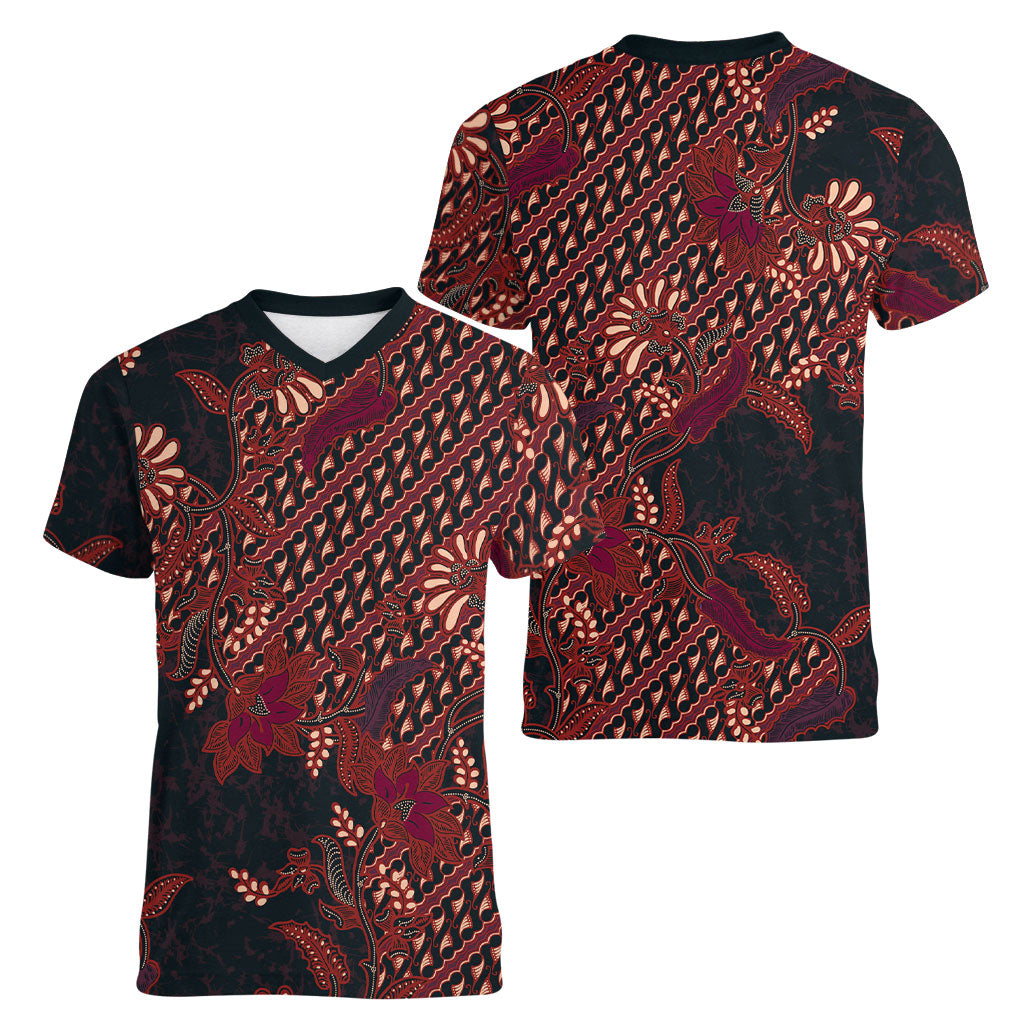 Indonesian Parang Batik Women V-Neck T-Shirt Red Floral Pattern