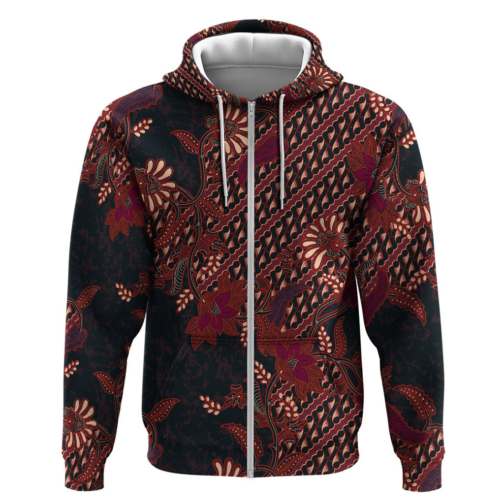 Indonesian Parang Batik Zip Hoodie Red Floral Pattern