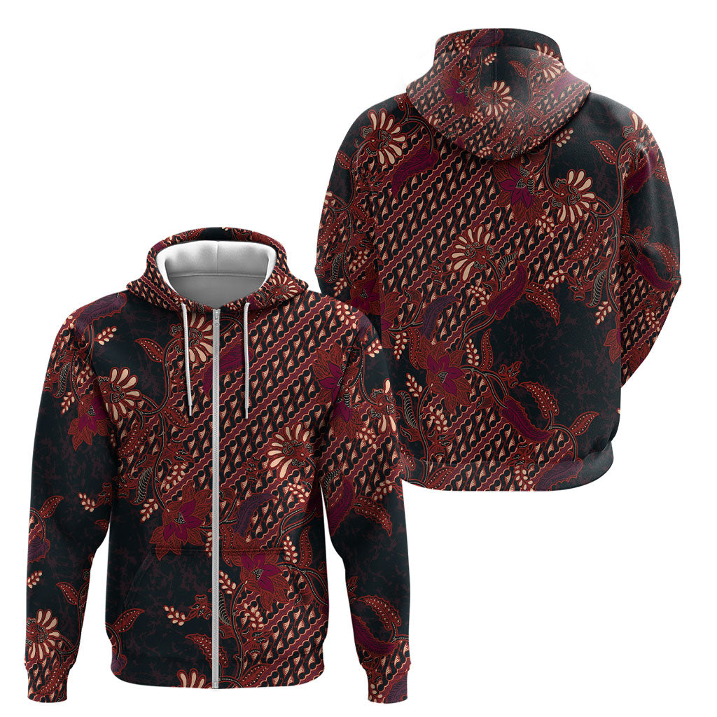 Indonesian Parang Batik Zip Hoodie Red Floral Pattern
