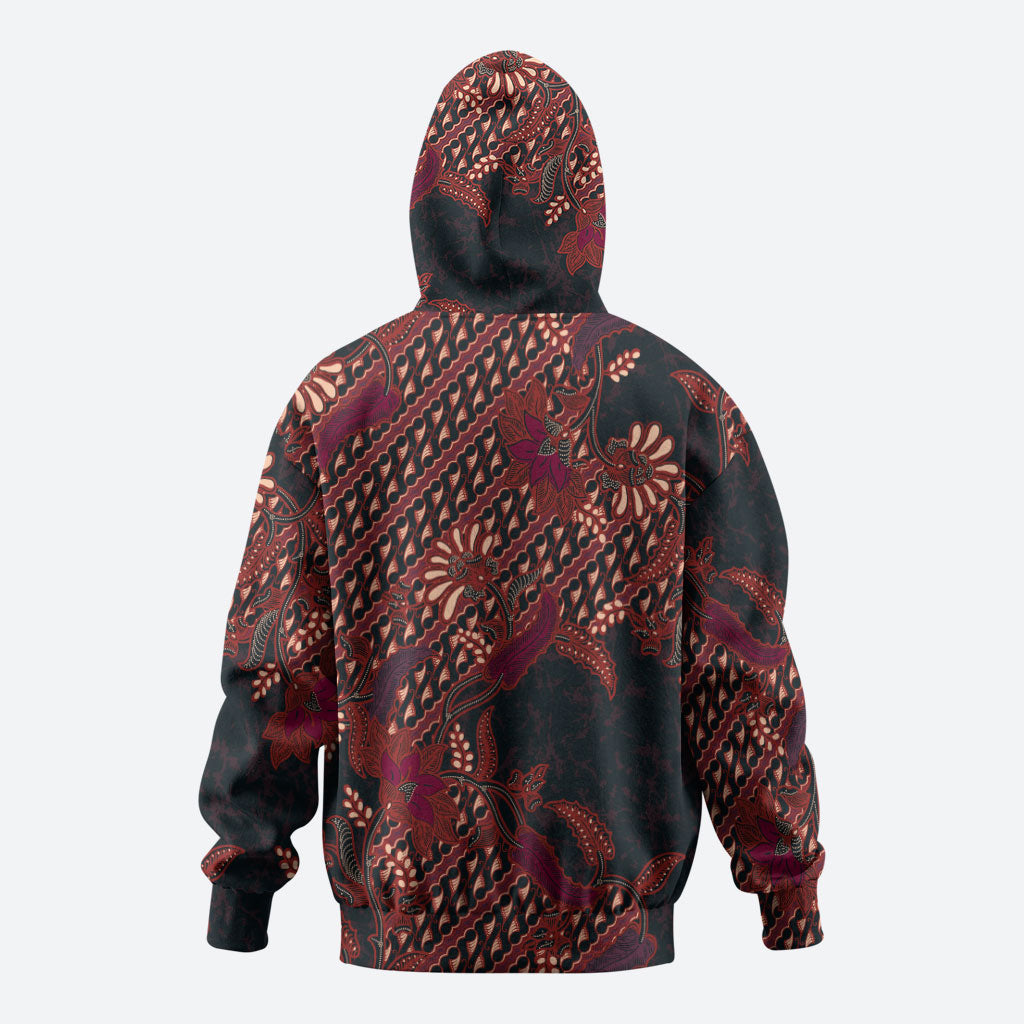 Indonesian Parang Batik Zip Hoodie Red Floral Pattern