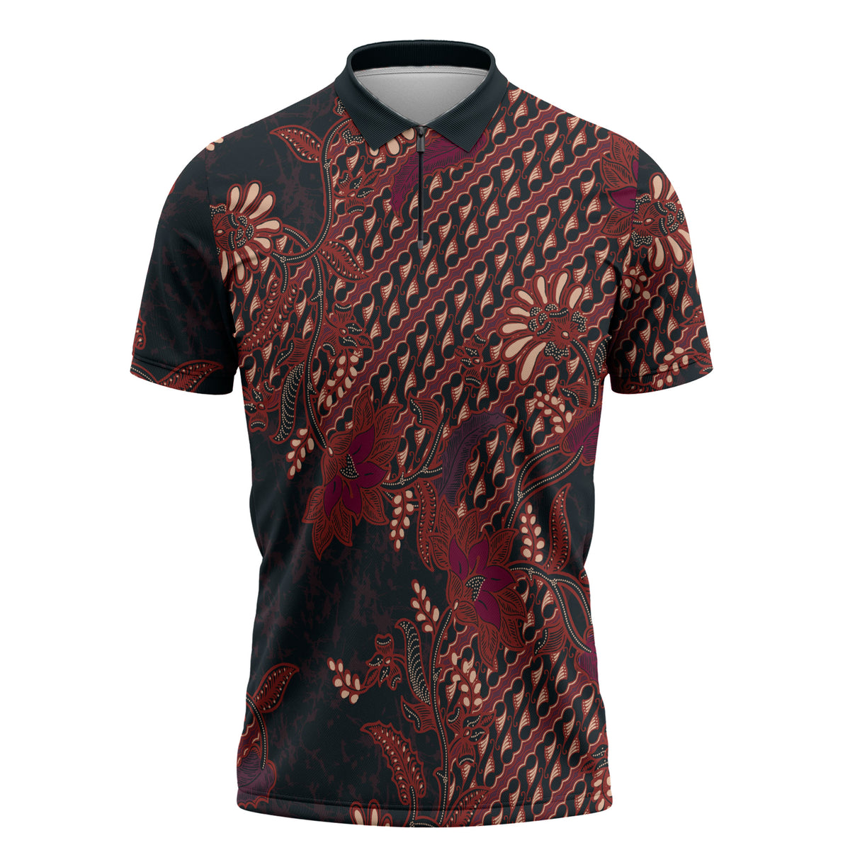 Indonesian Parang Batik Zipper Polo Shirt Red Floral Pattern