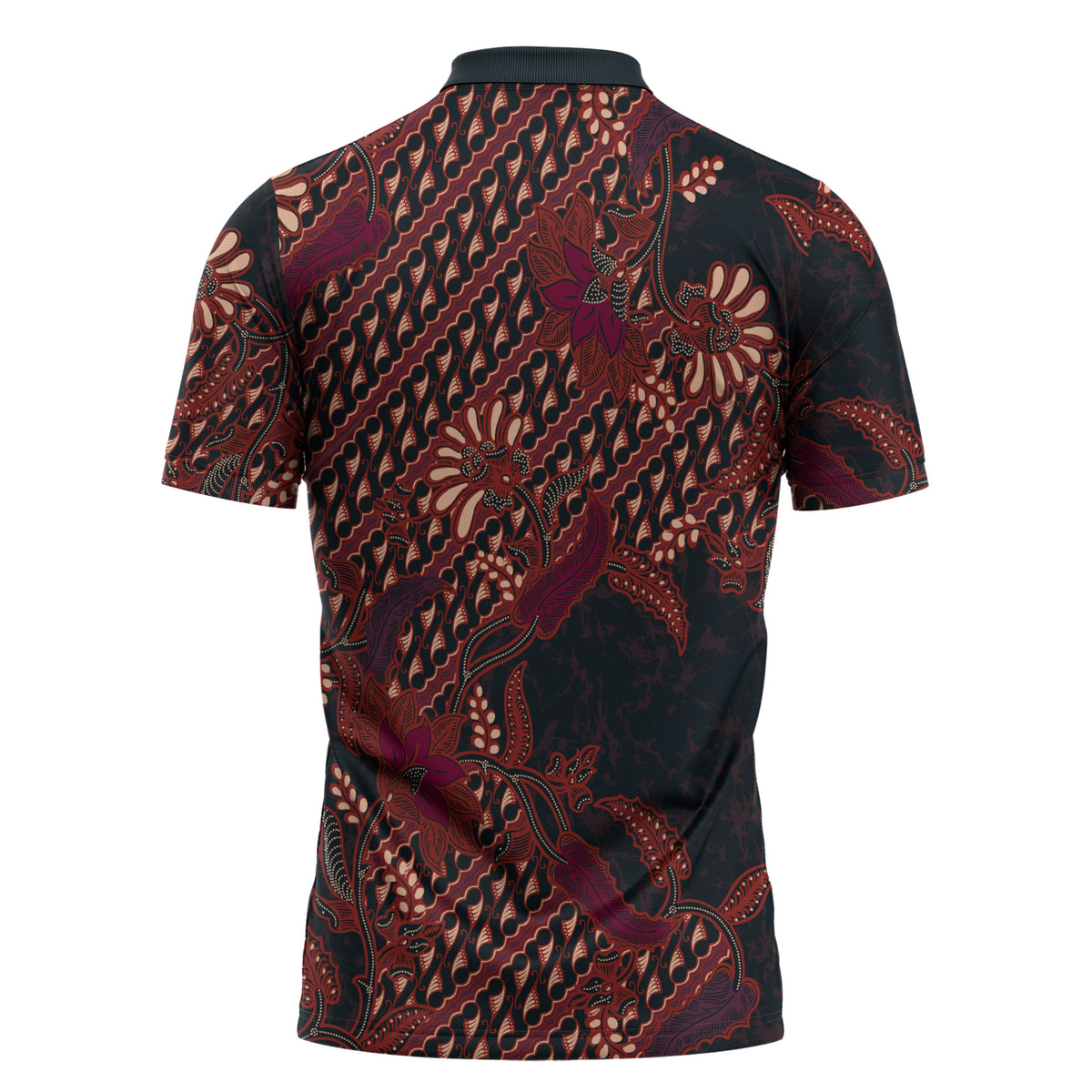Indonesian Parang Batik Zipper Polo Shirt Red Floral Pattern