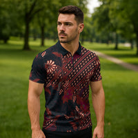 Indonesian Parang Batik Zipper Polo Shirt Red Floral Pattern