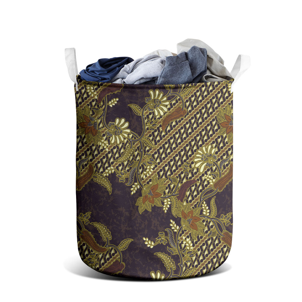 Indonesian Parang Batik Laundry Basket Yellow Floral Pattern