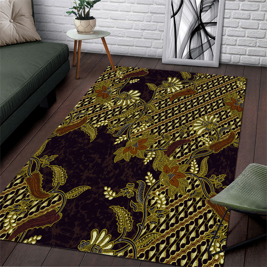 Indonesian Parang Batik Area Rug Yellow Floral Pattern