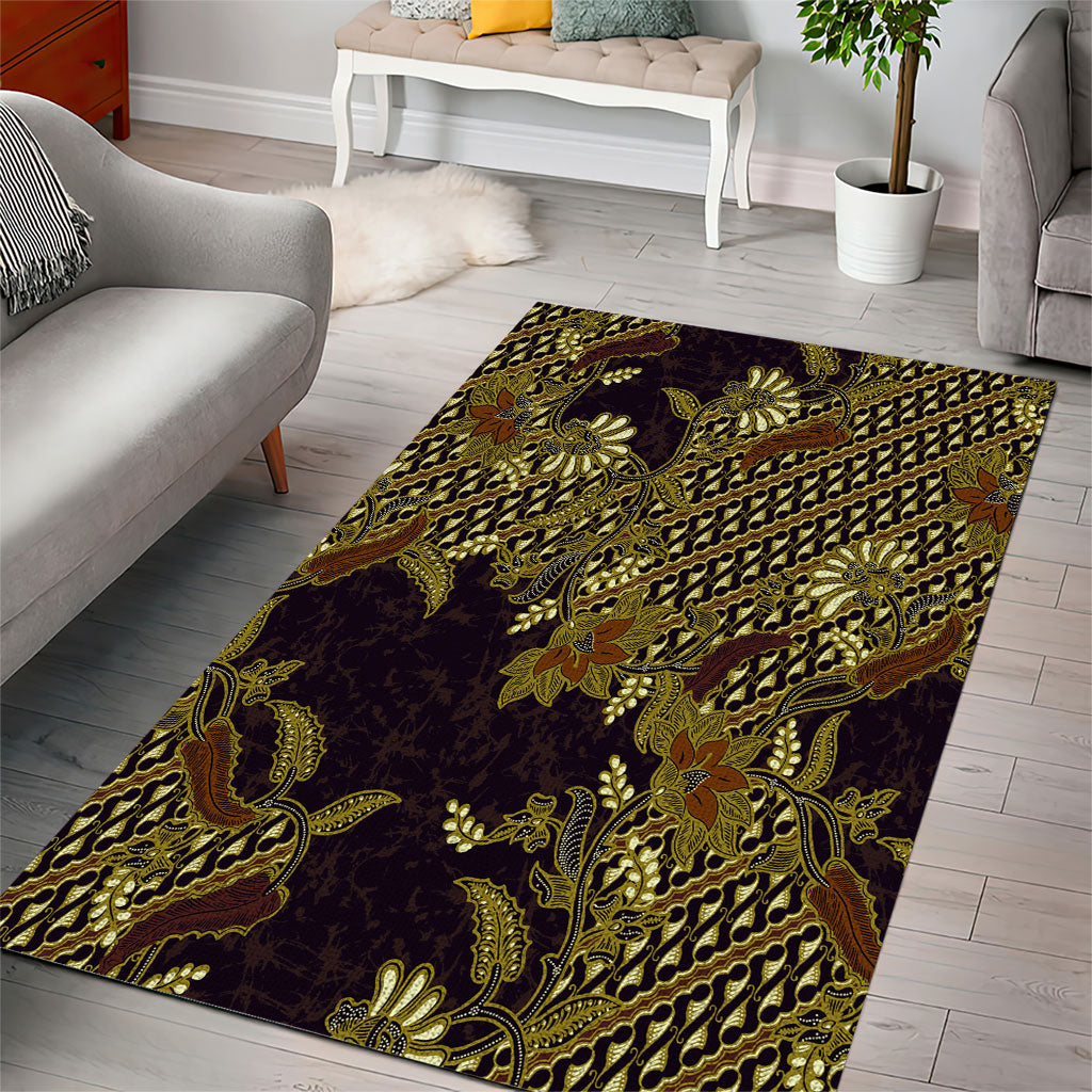 Indonesian Parang Batik Area Rug Yellow Floral Pattern