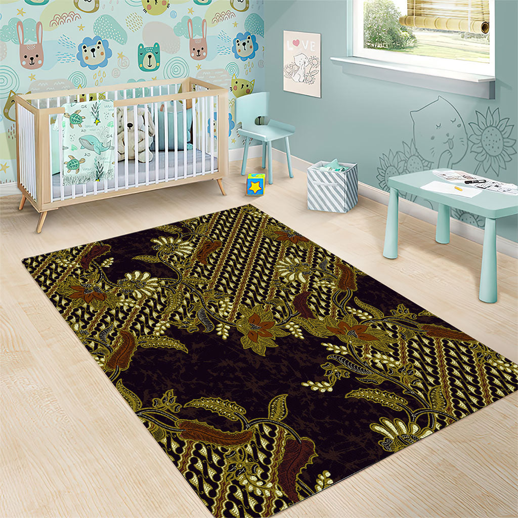Indonesian Parang Batik Area Rug Yellow Floral Pattern