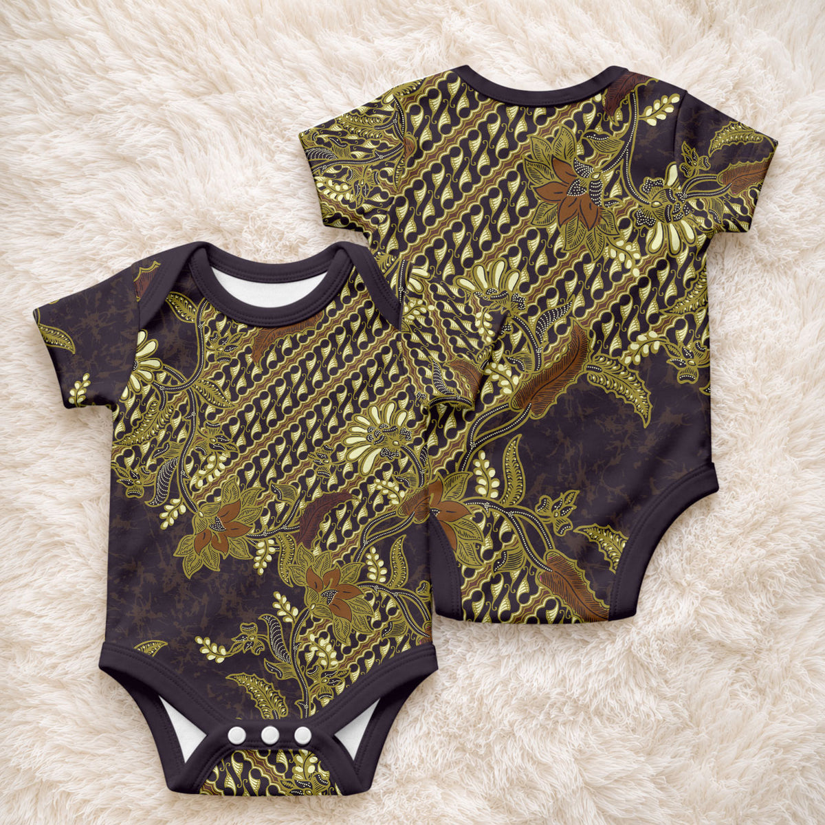 Indonesian Parang Batik Baby Onesie Yellow Floral Pattern