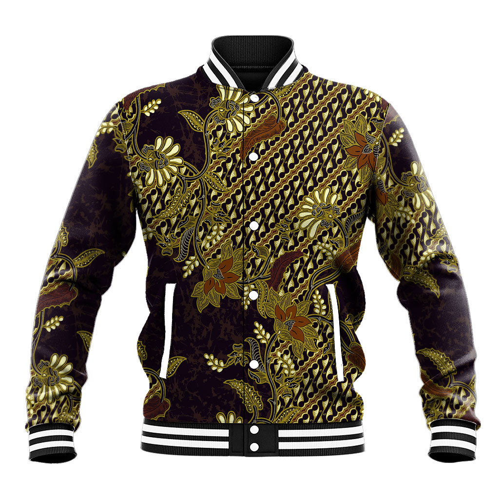 Indonesian Parang Batik Baseball Jacket Yellow Floral Pattern