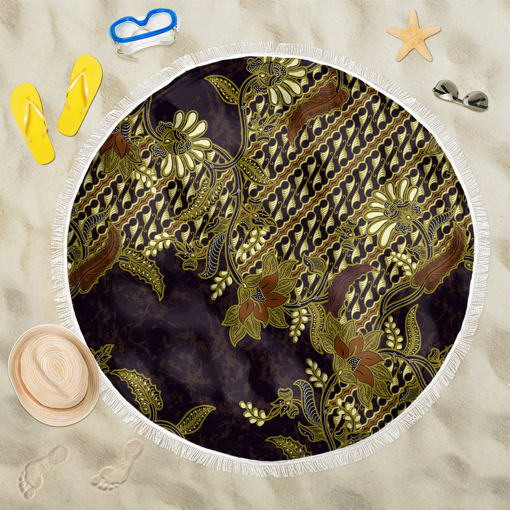 Indonesian Parang Batik Beach Blanket Yellow Floral Pattern