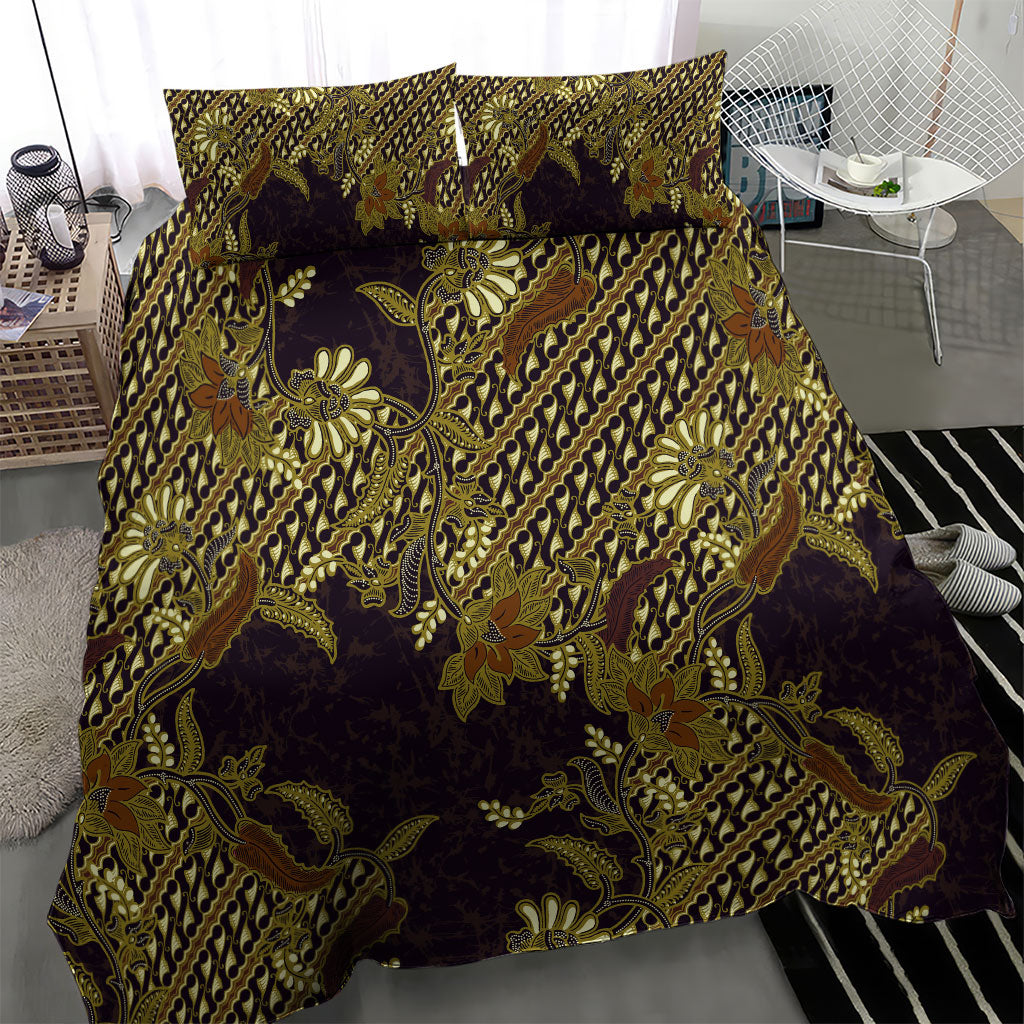 Indonesian Parang Batik Bedding Set Yellow Floral Pattern