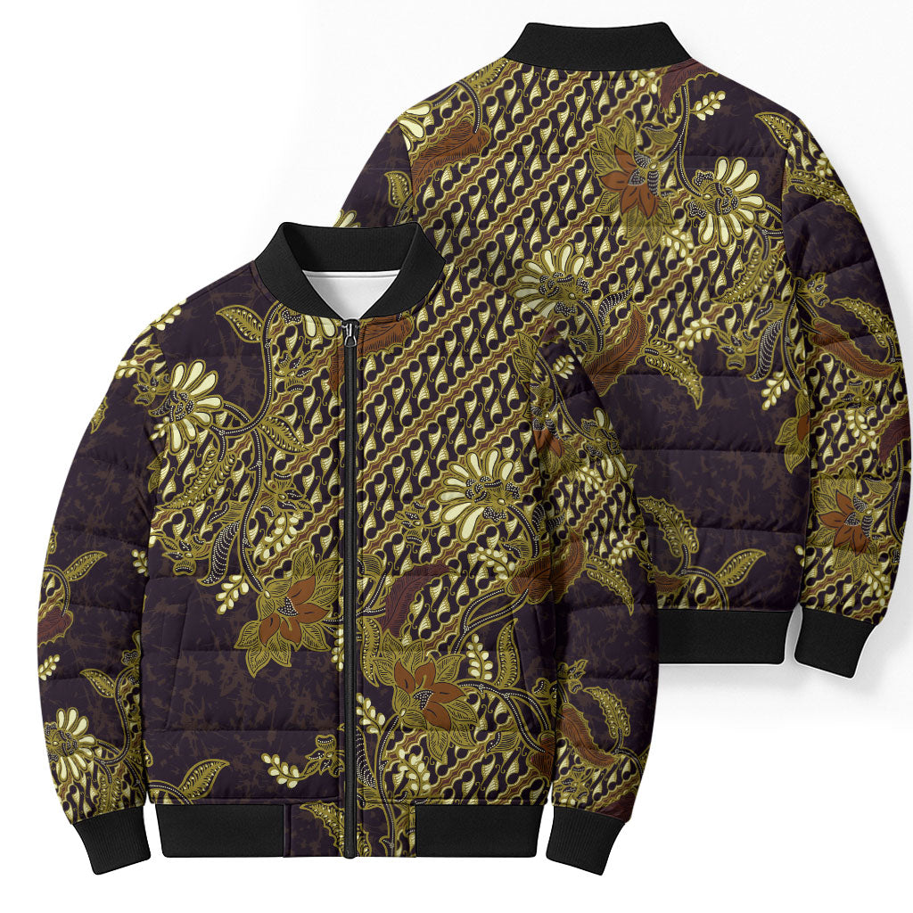 Indonesian Parang Batik Bomber Puffer Jacket Yellow Floral Pattern