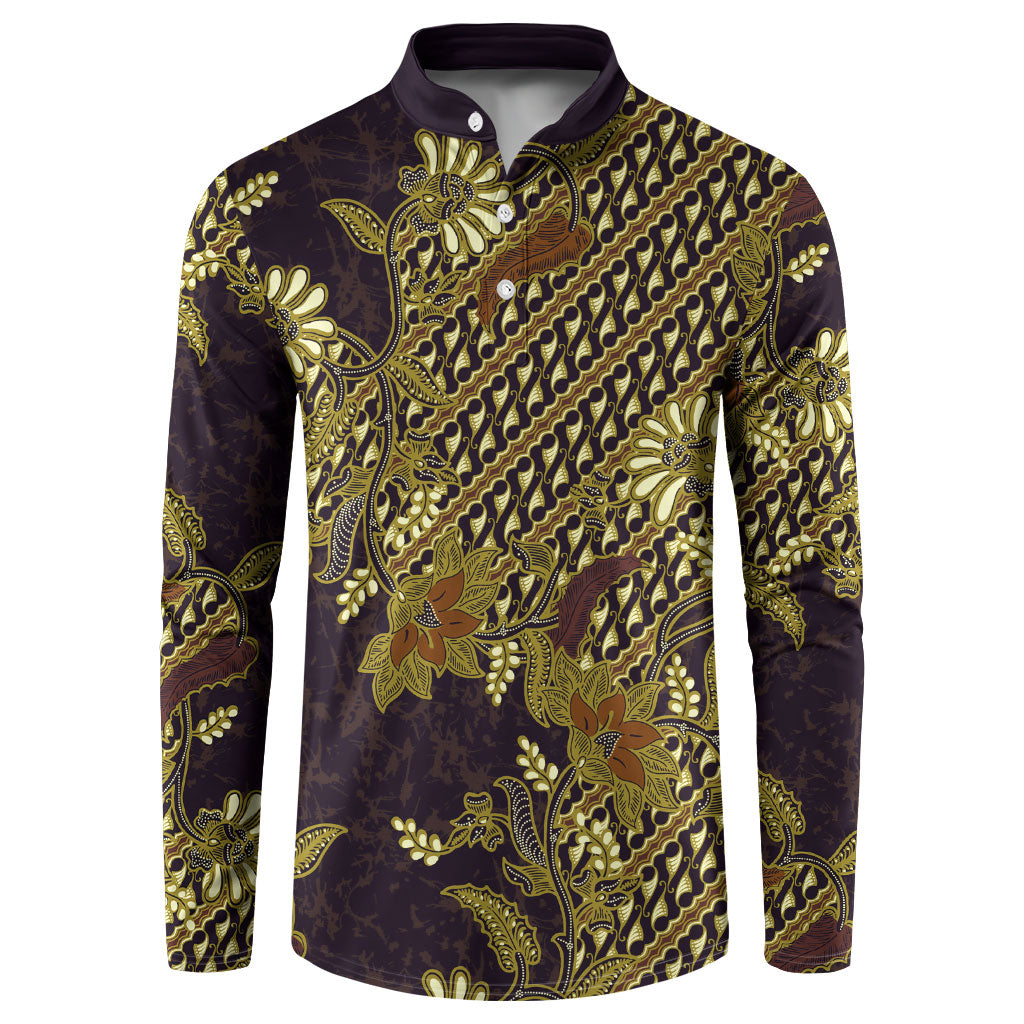 Indonesian Parang Batik Button Sweatshirt Yellow Floral Pattern