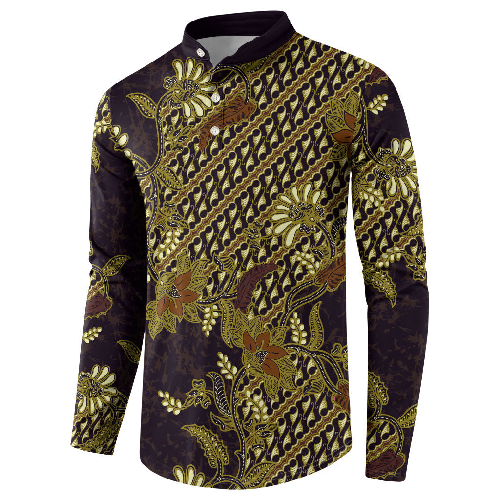 Indonesian Parang Batik Button Sweatshirt Yellow Floral Pattern