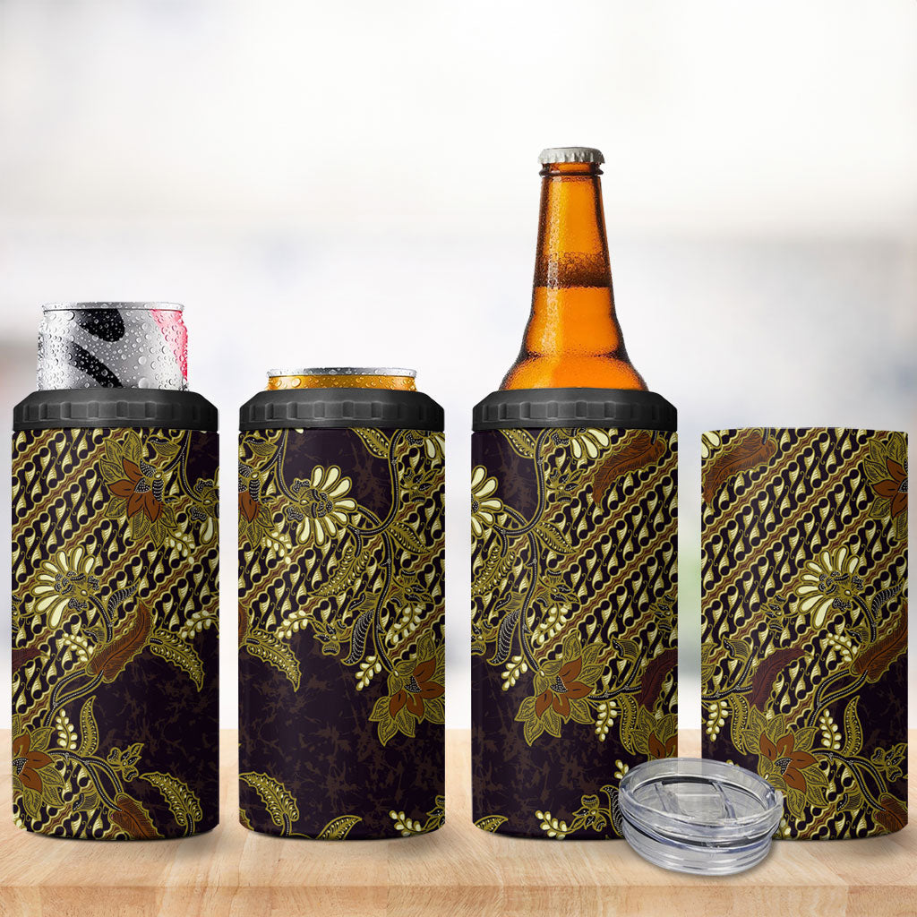 Indonesian Parang Batik 4 in 1 Can Cooler Tumbler Yellow Floral Pattern