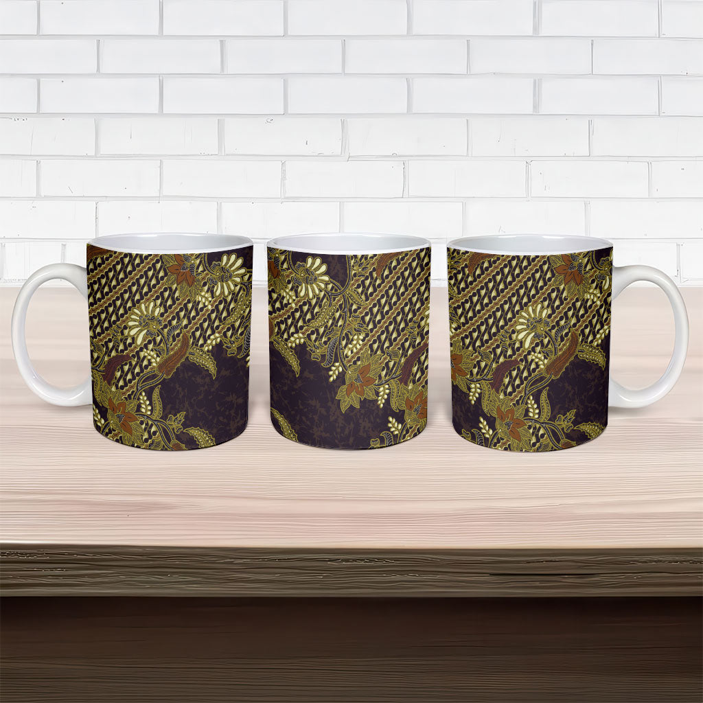 Indonesian Parang Batik Ceramic Mug Yellow Floral Pattern