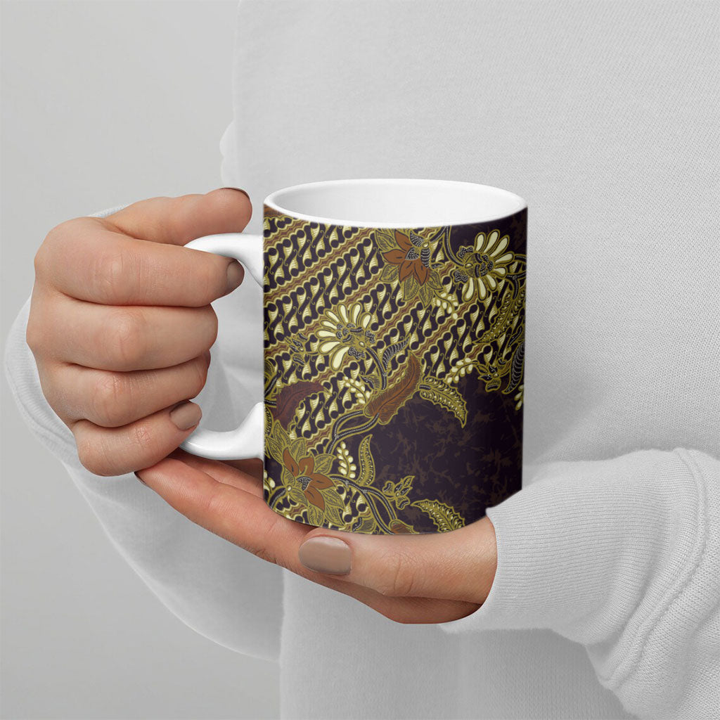 Indonesian Parang Batik Ceramic Mug Yellow Floral Pattern