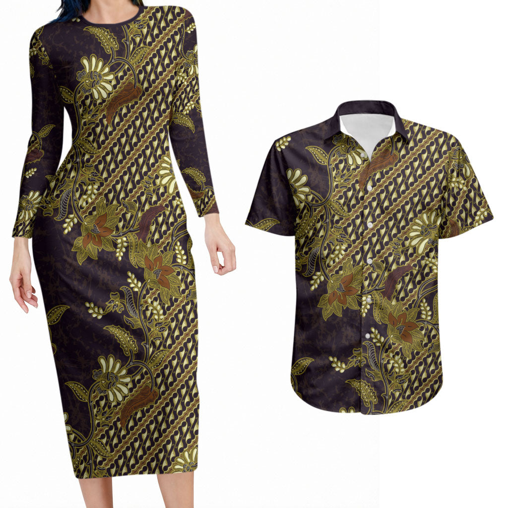 Indonesian Parang Batik Couples Matching Long Sleeve Bodycon Dress and Hawaiian Shirt Yellow Floral Pattern