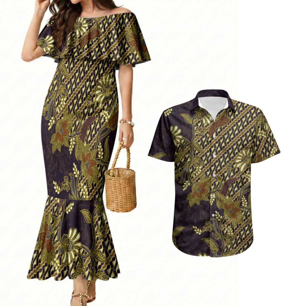 Indonesian Parang Batik Couples Matching Mermaid Dress and Hawaiian Shirt Yellow Floral Pattern