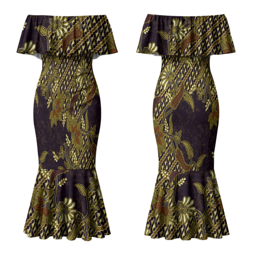 Indonesian Parang Batik Couples Matching Mermaid Dress and Long Sleeve Button Shirt Yellow Floral Pattern