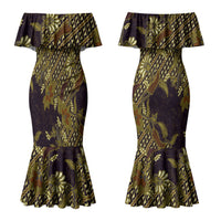Indonesian Parang Batik Couples Matching Mermaid Dress and Long Sleeve Button Shirt Yellow Floral Pattern