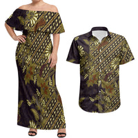 Indonesian Parang Batik Couples Matching Off Shoulder Maxi Dress and Hawaiian Shirt Yellow Floral Pattern