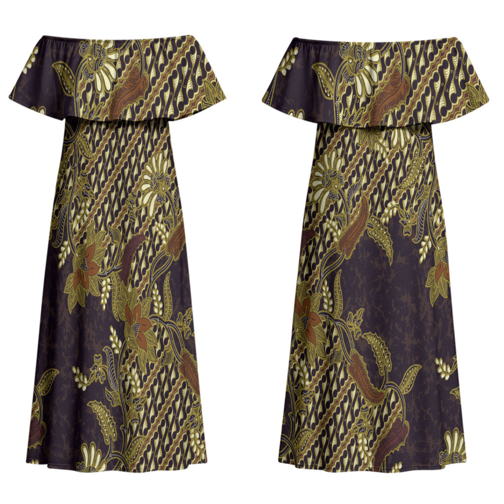 Indonesian Parang Batik Couples Matching Off Shoulder Maxi Dress and Hawaiian Shirt Yellow Floral Pattern