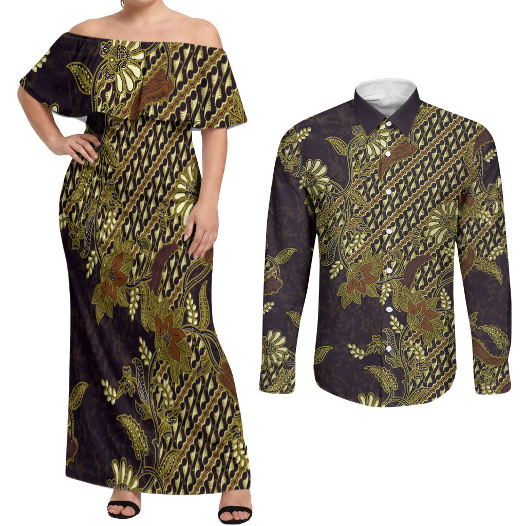 Indonesian Parang Batik Couples Matching Off Shoulder Maxi Dress and Long Sleeve Button Shirt Yellow Floral Pattern