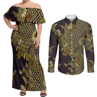 Indonesian Parang Batik Couples Matching Off Shoulder Maxi Dress and Long Sleeve Button Shirt Yellow Floral Pattern