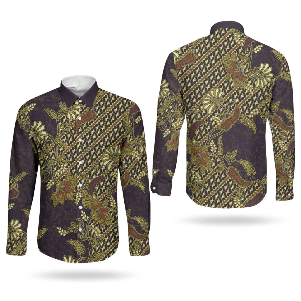 Indonesian Parang Batik Couples Matching Off Shoulder Maxi Dress and Long Sleeve Button Shirt Yellow Floral Pattern