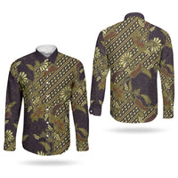 Indonesian Parang Batik Couples Matching Off Shoulder Maxi Dress and Long Sleeve Button Shirt Yellow Floral Pattern