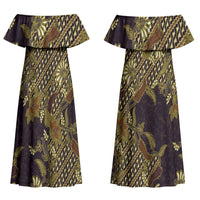Indonesian Parang Batik Couples Matching Off Shoulder Maxi Dress and Long Sleeve Button Shirt Yellow Floral Pattern